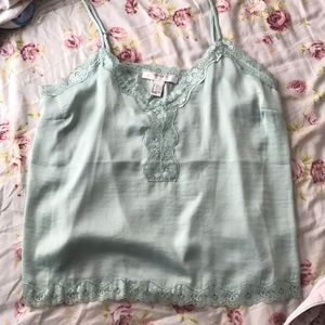 Silky mint green top with lace trim